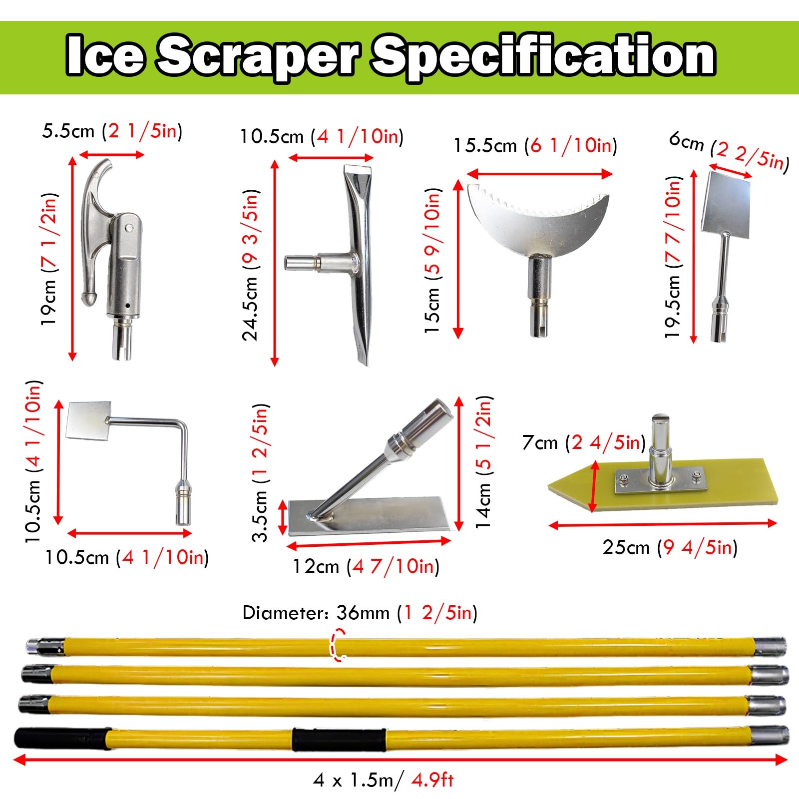 AMUFJJ rascador de Hielo Kit De Rascador Hielo Portátil con Aislamiento para Nieve, Palo Fibra Vidrio Extraíble 6 M, Herramienta para Eliminar, Y Escarcha, Equipo