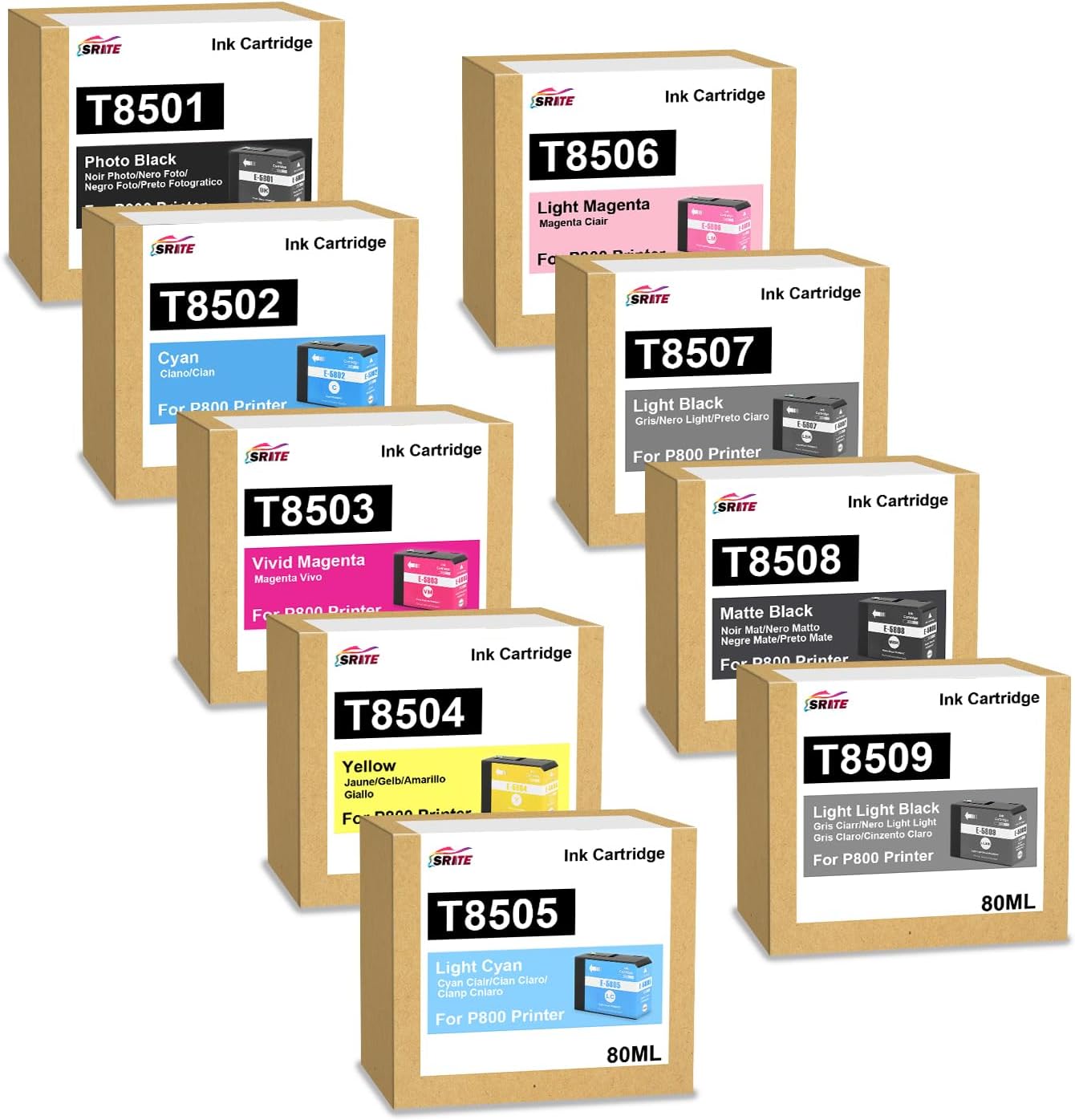 SRITE T850 Ultrachrome HD Ink Cartridges Replacement for T8501 T8502 T8503 T8504 T8505 T8506 T8507 T8508 T8509 Remanufactured for Epson SureColor P800 SC-P800 Inkjet Printer (9-Pack)