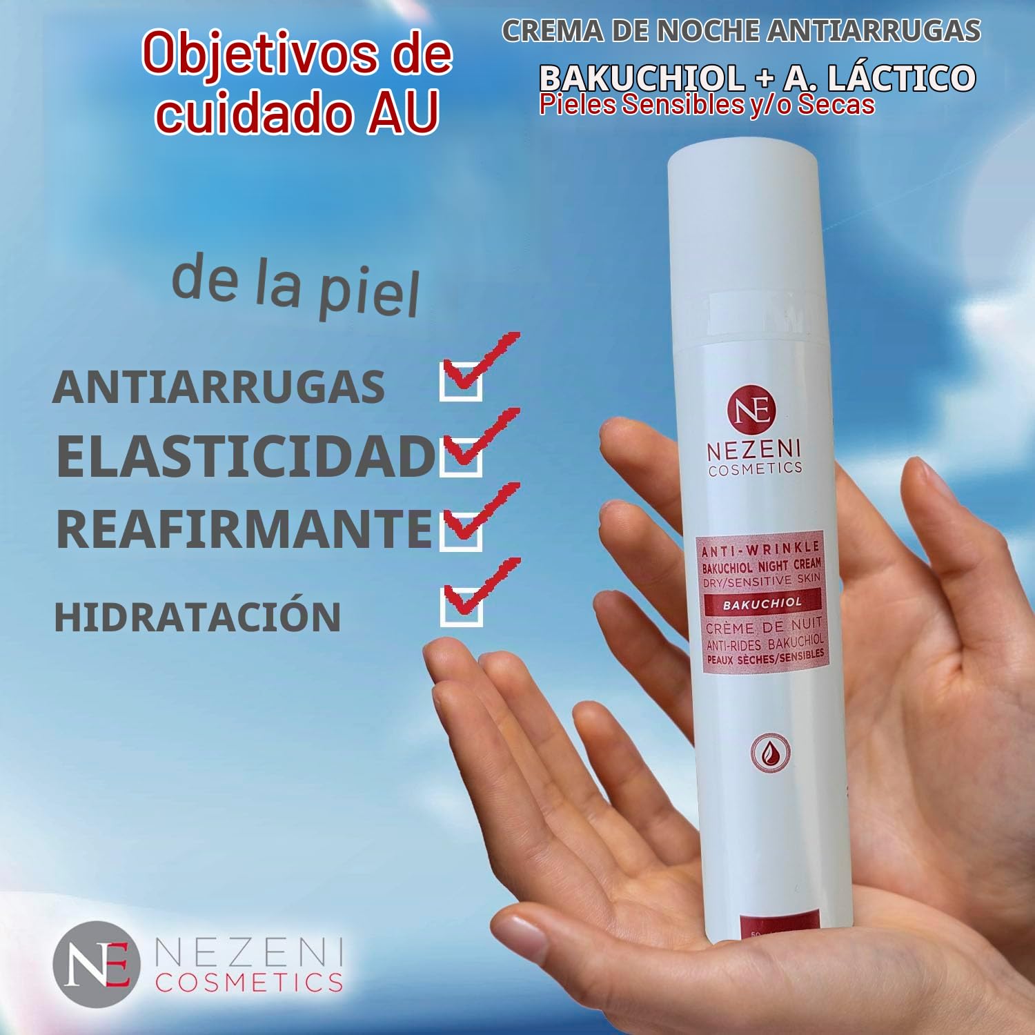 Nezeni Crema Noche BAKUCHIOL 3% Antiarrugas Mujer/Hombre 26 Activos | Rellenador Arrugas Profundas | Crema Antiarrugas Noche Reafirmante Cara, Cuello y Escote | Piel Seca y/o Sensible