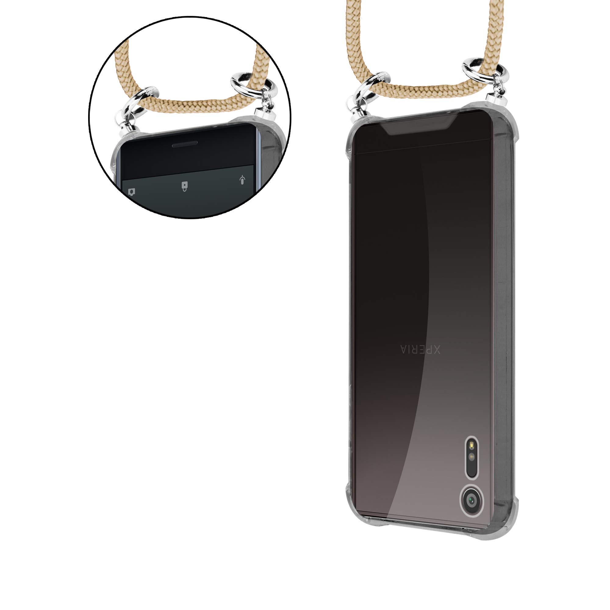 Cadorabo Funda con Cuerda para Sony Xperia L4 en Oro Rosa Perlado – Cubierta Protección Collar para Colgar di TPU Silicona Transparente con Anillos OROS, Cordon y Estuche Removible