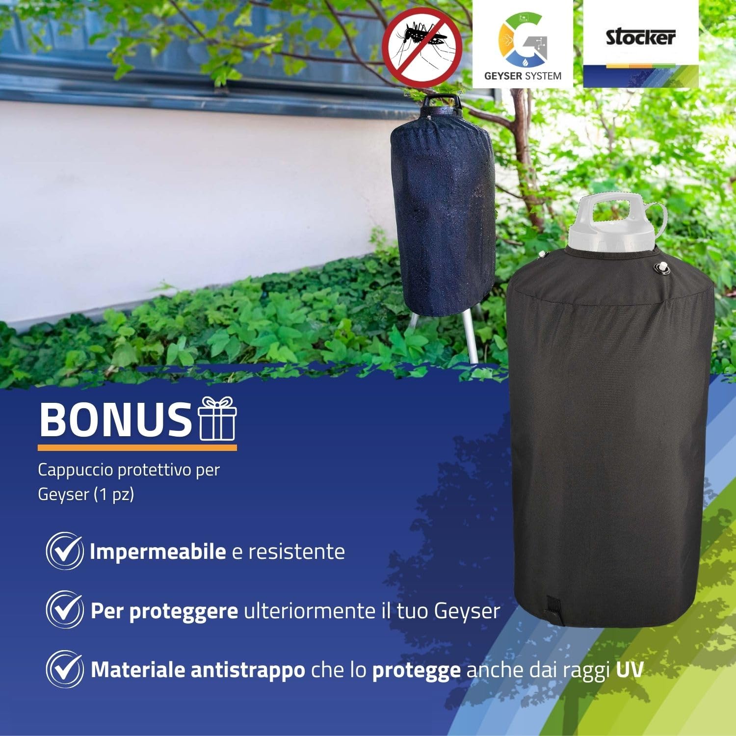 STOCKER - Geyser Nebulizzatore 25 L MI 21 V - Kit Completo Anti-Zanzare con Batteria Li-Ion 21V, Serbatoio 25L e 100 m di Tubo - Copertura fino a 400 mq - Sistema di Miscelazione Interna