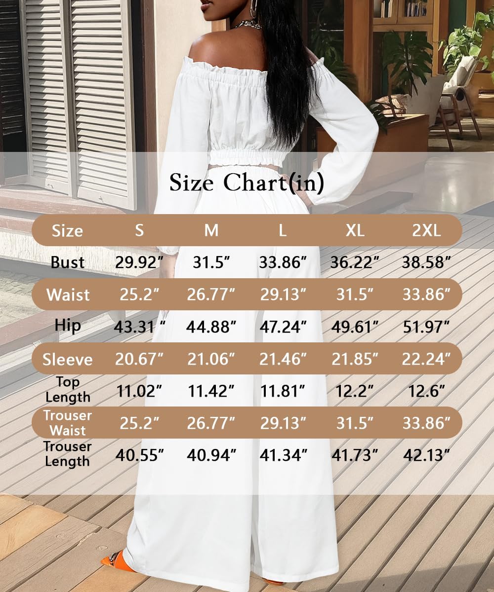 Two Piece Sets For Women Going Out Long Sleeve Off Shoulder Crop Top Wide Leg Pants Set Vacation Birthday Party Outfits - Image 7