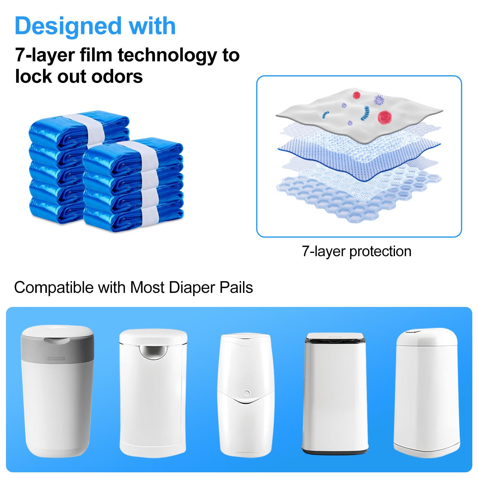 15 Pack Nappy Bin Refill, Diaper Bin Pail Disposal Bags (9pk), Blue - Image 3