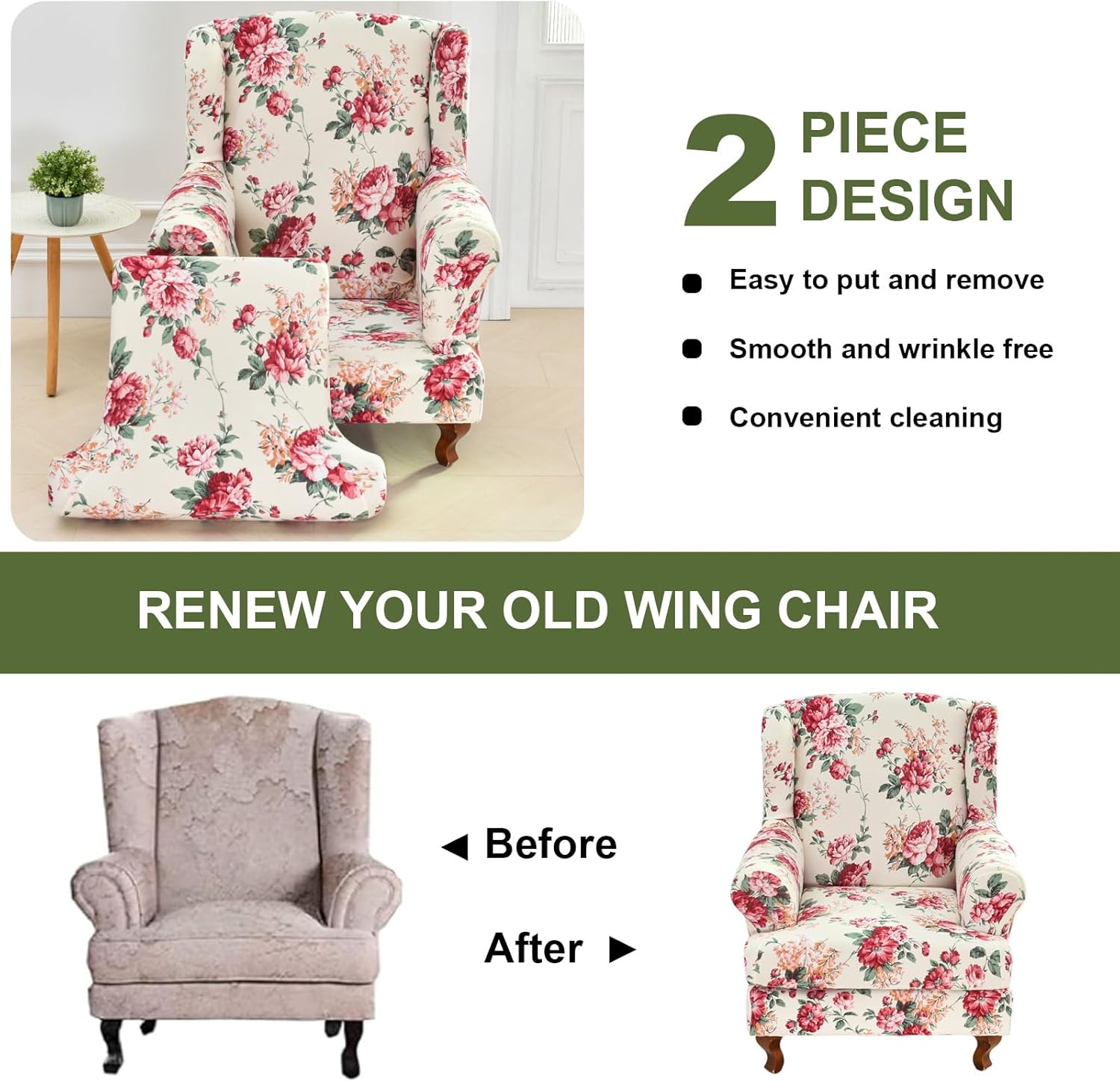 HAOYONG Wing Chair Slipcovers Stretch Wingback Chair Covers Printed 2 Pieces Wingback Armchair Slipcover Elastic Chair Slip Covers Washable Armchair Protector Cover for Living Room and Bedroom