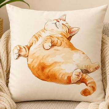 Fat Cat Pillow Cover 18 x 18 Inch, Orange Tabby Cat Decor | Cute orange tabby cat with soft watercolor style for sofa, bed, chair, nursery, and cat lover decor.