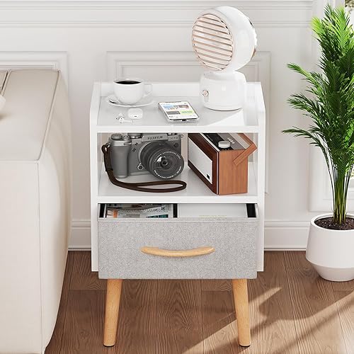 Miniatura 3 de LUCKNOCK Mesita de noche blanca con cajón, mesita de noche moderna de mediados de siglo, mesita de noche de madera resistente con estante de