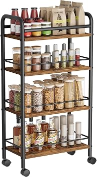 Asgolion 4-Tier Trolley, Space-Saving Kitchen storage trolley with Wheels, 24 cm Deep, Narrow Bathroom Shelf Trolley for Kitchen, Bathroom, Laundry Room, Rustic Brown 24D x 40W