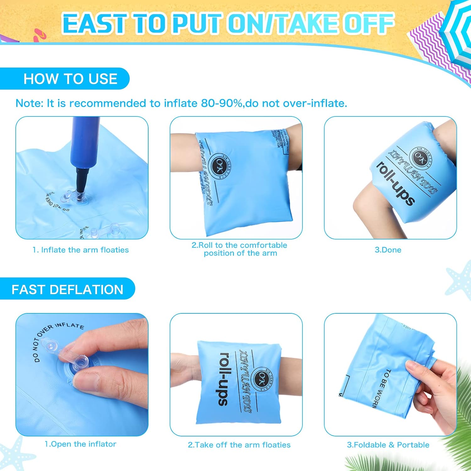 12 Pieces Arm Floaties Inflatable Swim Arm Bands Floater Toddler Floaties Arm Floaties for Kids 6-12 Swim Arm Bands Children's Swim Arm Rings for Kids Toddlers Teens and Adults
