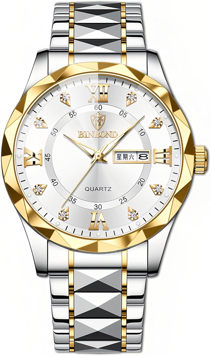Gosasa Reloj de cuarzo analógico con números romanos, resistente al agua, de acero inoxidable, con diamantes de negocios, de lujo, para hombres y mujeres, con calendario día-fecha, tono dorado y plateado