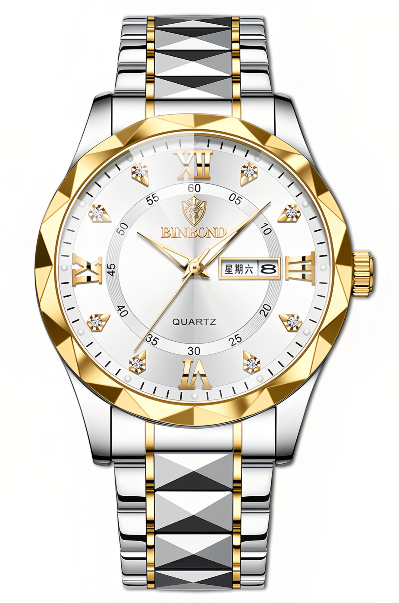 Gosasa Reloj analógico de cuarzo para hombre y mujer, de acero inoxidable, con números romanos, resistente al agua, con calendario, fecha, color dorado y plateado