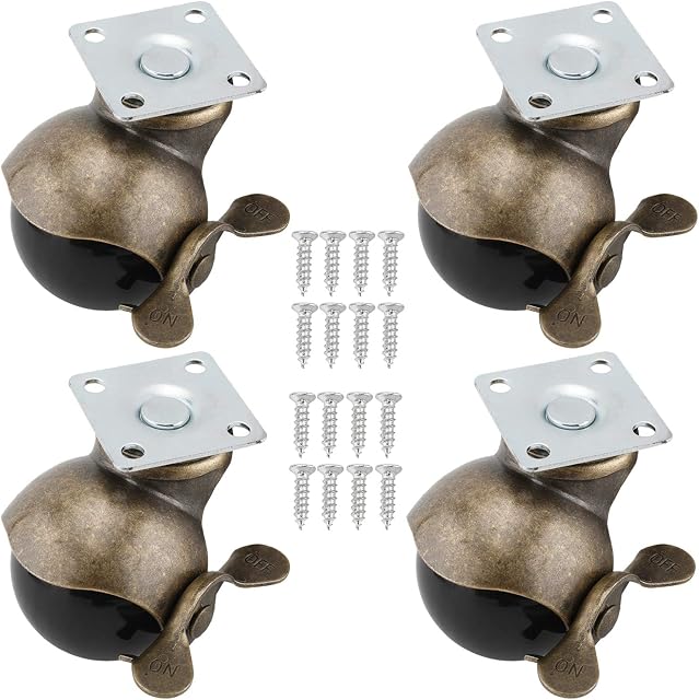 Homend 4-Pack 1.5 Roues Roues à Balle Inches avec Frein 360 Roulettes de haut en laiton de degré antique pour armoires de meubles fauteuils roulants (4 Faites votre valise, 1.5Inch Plaque supérieure, avec frein)