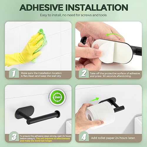 Vista 7 de 1 Pack Adhesive Toilet Roll Holder Stand - Matte Black SUS304 Stainless Steel, Rustproof Toilet Paper Holder No Drilling Tissue Holder for Kitchen
