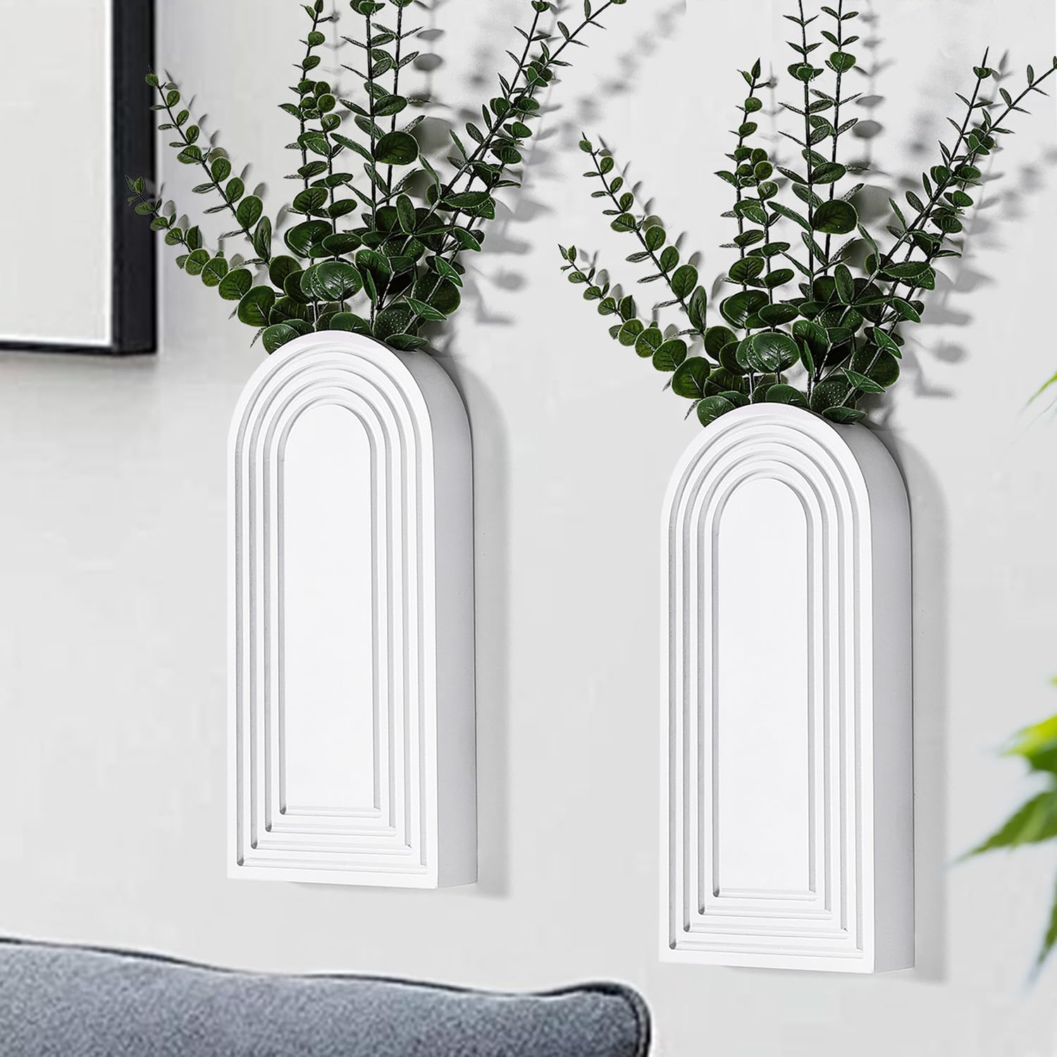 Dnnnii 2 Pack White Wooden Wall Vase Set - Modern Farmhouse Boho Wall Decor for Entryway Hallway Living Room Narrow Spaces
