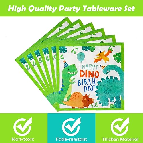 Vista 5 de 96 piezas de suministros de fiesta de dinosaurios, decoración de fiesta de cumpleaños con temática de dinosaurio, incluye platos, servilletas