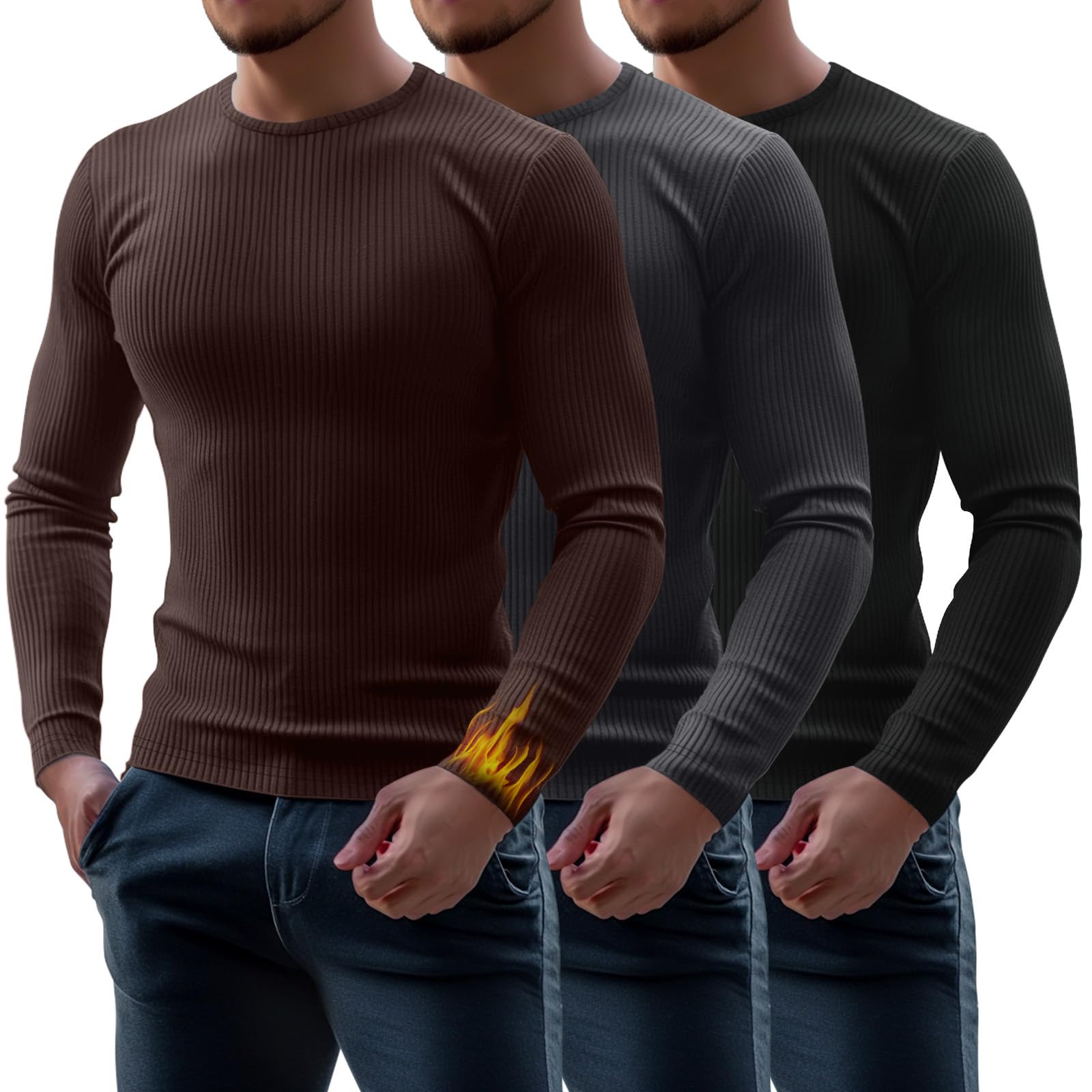 Riyiper Confezione da 3 Maglie Termiche a Costine da Uomo Girocollo Manica Lunga Canottiera Intima Invernale Slim Basic