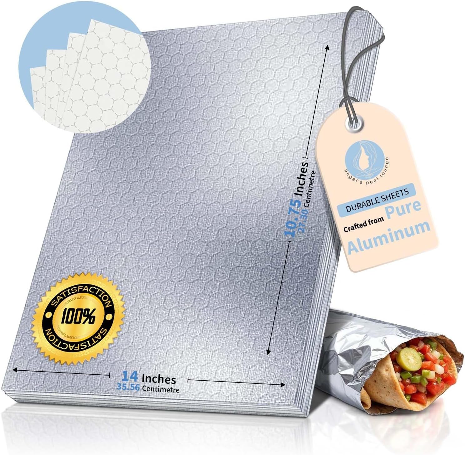 ANGEL’S PEEL LOUNGE Heavy Duty Aluminum Foil Sheets — Precut Tinfoil Wraps For Burritos, Sandwiches, Burgers, Hot Dogs, Grease-Resistant, Heat Insulating Wrapping Paper, 10.75inx14in 100-PCS