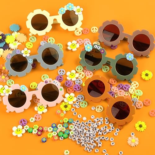 Miniatura 7 de Gafas de sol redondas de flores para niños, lindo juego de lentes de sol de flores, cuentas de letras, margaritas, carita sonriente, flor y signo de