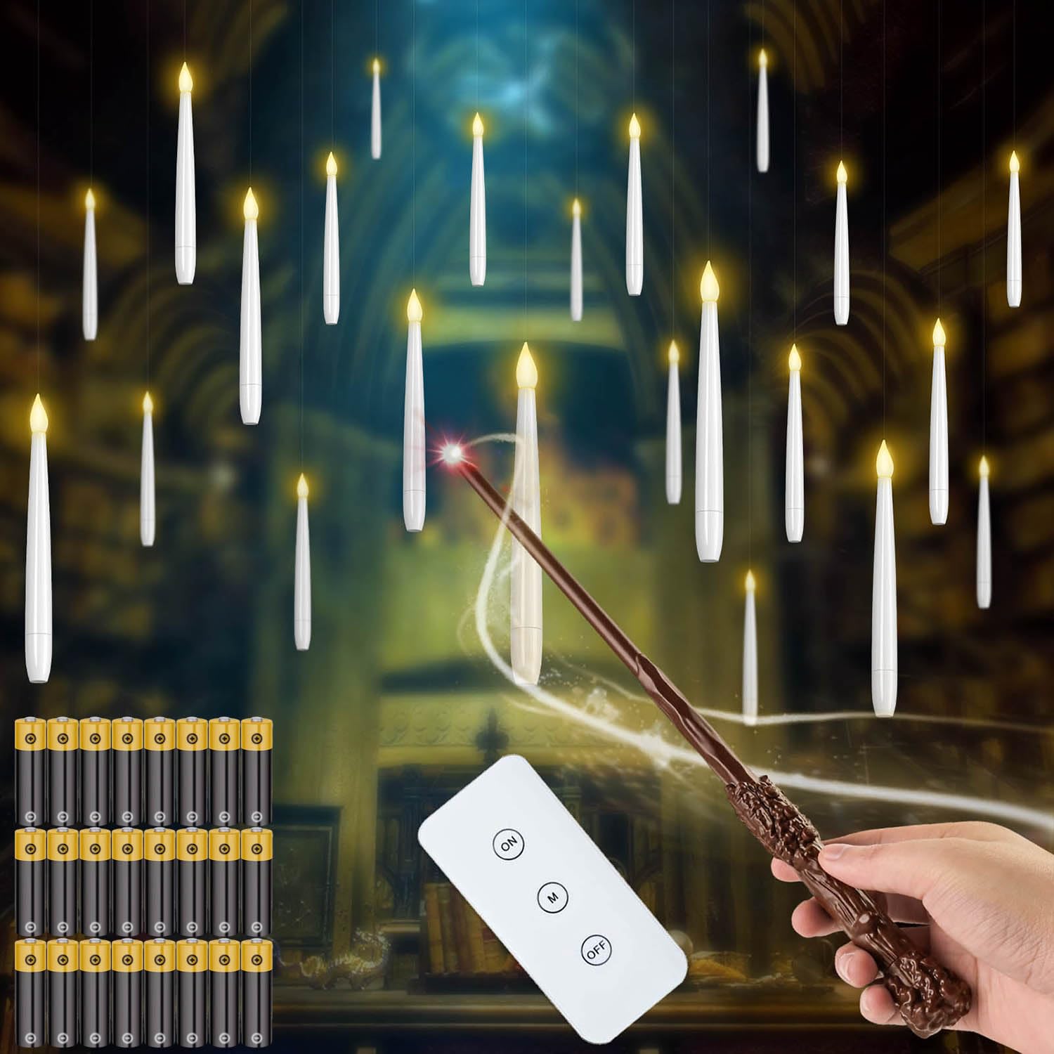 Christmas Decorations, 24PC Floating Candles with Wand, with 6 Hour Cycle Timer, Flickering Warm Light Flameless Floating Led Candle with Wand Remote (24PC Includes Battery) [Energy Class A]