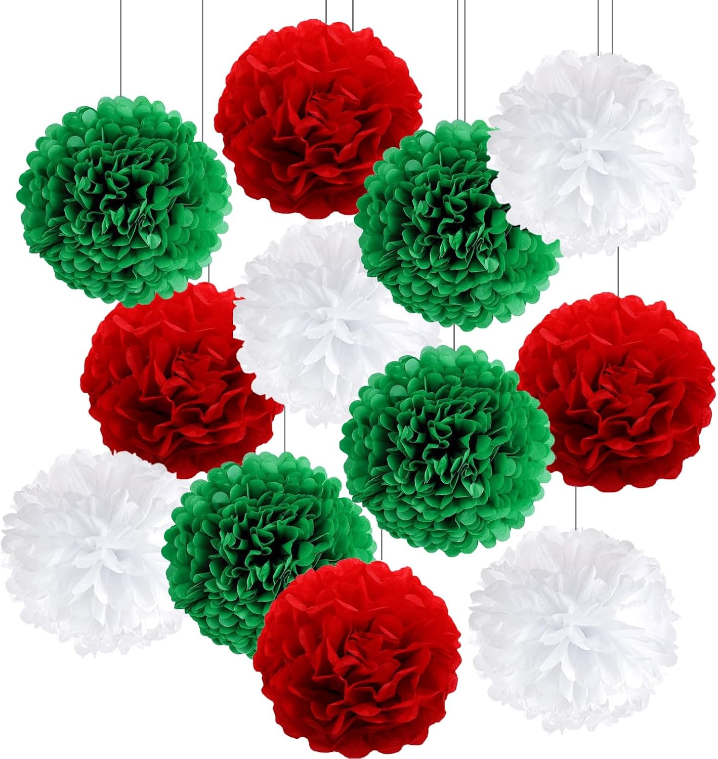 Pack of 12 Christmas Tissue Paper Pompoms, Hanging Christmas Paper Fans, Paper Flower Balls, Christmas Decoration, Party Decoration, Paper Honeycomb Balls, Tissue Paper Pompoms, Red/Green/White (Red