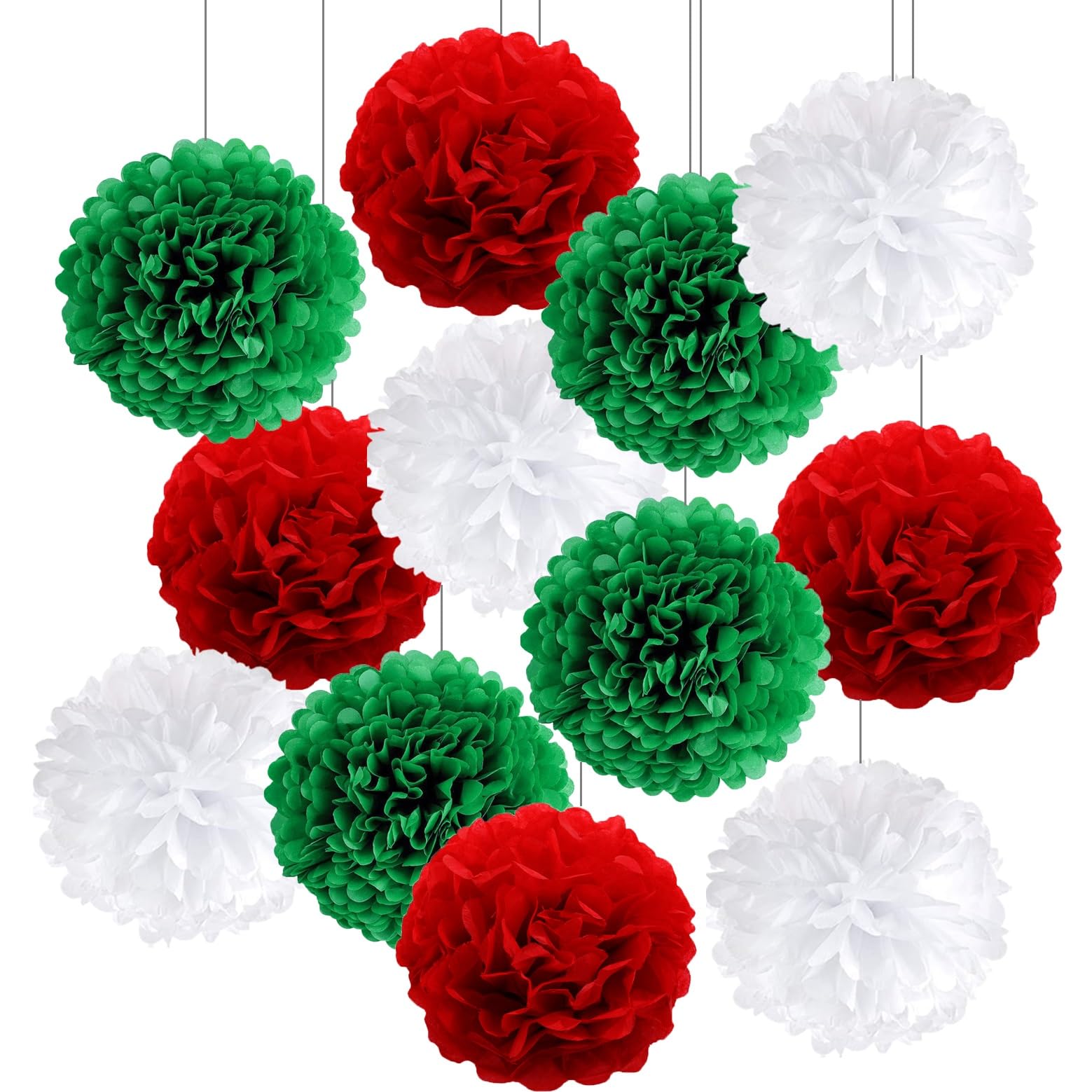 12 Stück Weihnachten Seidenpapier Pompom, Hängende Christmas Papier Fächer Papierblumenkugeln Weihnachtsdekoration Party deko Papier Wabenbälle Seidenpapier-Pompons Rot/Grün/Weiß (rot grün weiß)