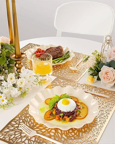 Miniatura 7 de LIYH - 20 piezas platos de plástico beige de 10 pulgadas reutilizables, platos de cena de plástico irrompible festoneados ondulados para baby