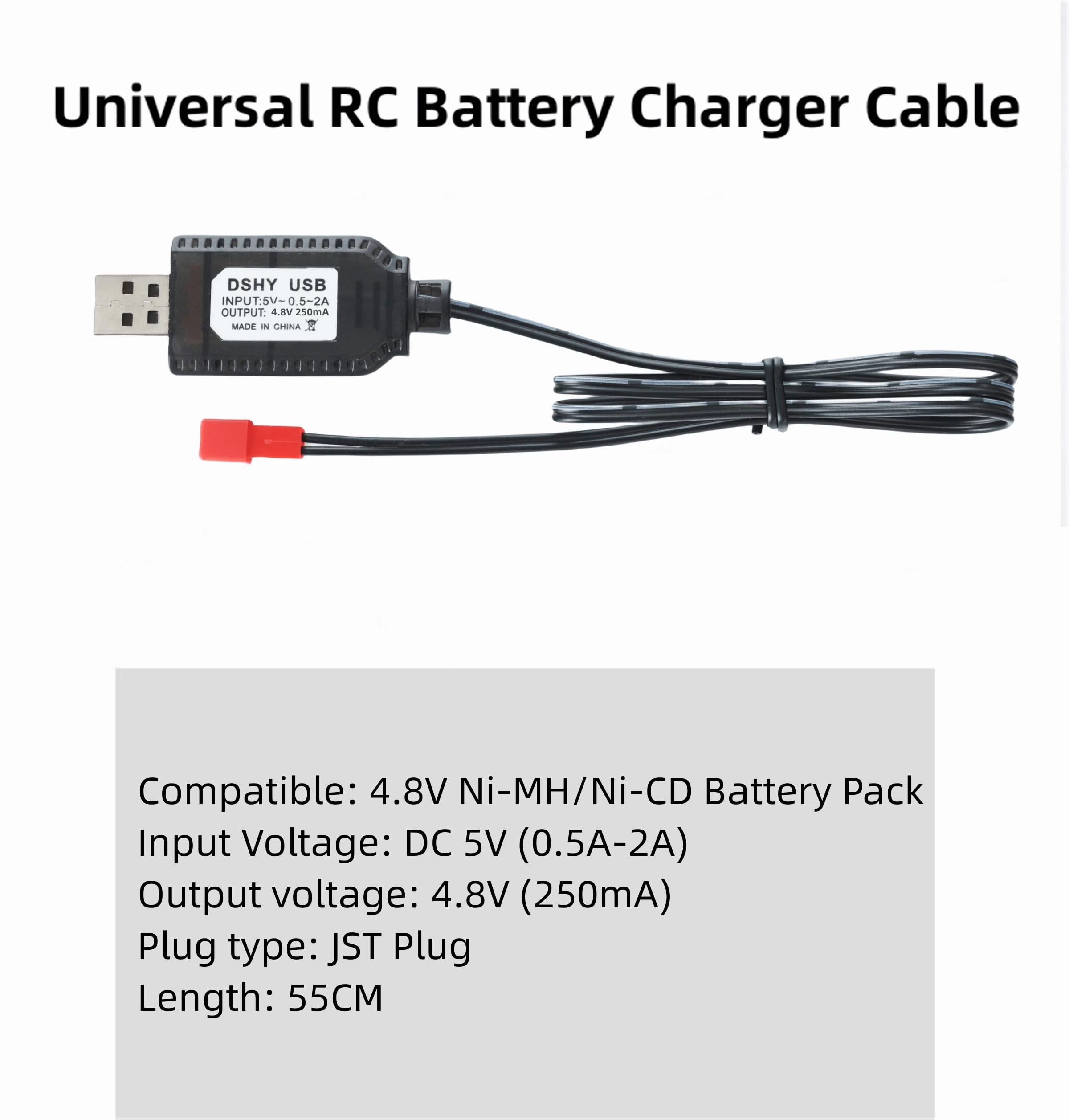Aliwisdom USB Chargeur Câble RC Universel avec connecteur JST Plug pour NIMH/NICD Batterie (4-6S) 4.8V 6V 7.2V, Compatible Voiture RC Bateau Drone Avions RC et Autres Jouets télécommandés (4.8V