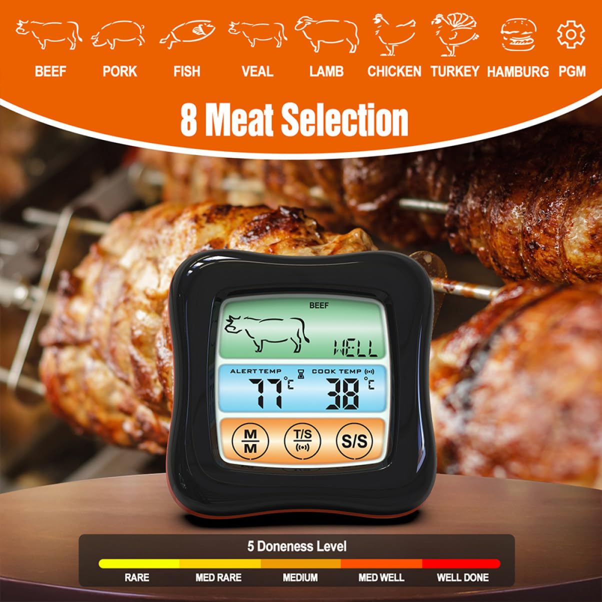 Termometro Digitale Touch per Carne e Barbecue Timer, Nero