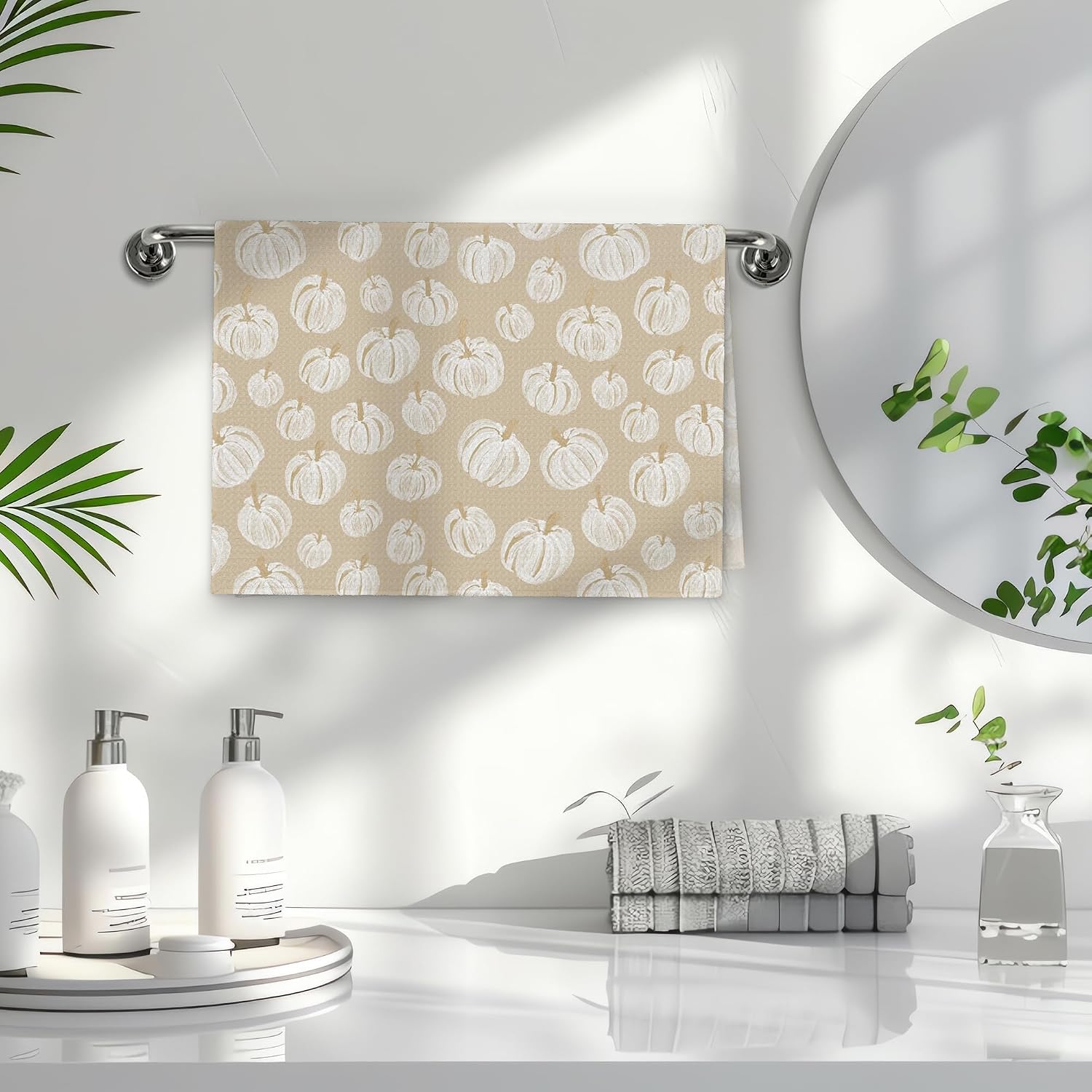 Boho Fall White Pumpkin Kitchen Dish Tea Towels 16x24 Inch Set of 2 | Neutral Farmhouse Autumn Pumpkin Dish Tea Towel for Kitchen, Vintage Fall Decorative Hand Towel for Bathroom Decor