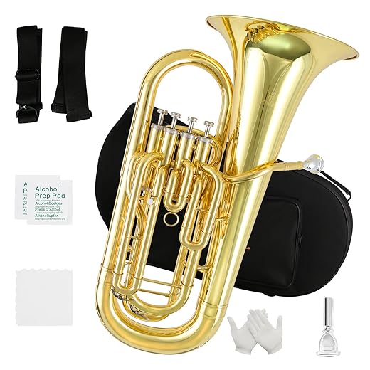 ROWELL Euphonium 4 Valves Bb Brass Lacquer Gold 4 Stainless Steel Pistons Intermediate Advanced Euphonium with Case Gloves and Polishing Cloth