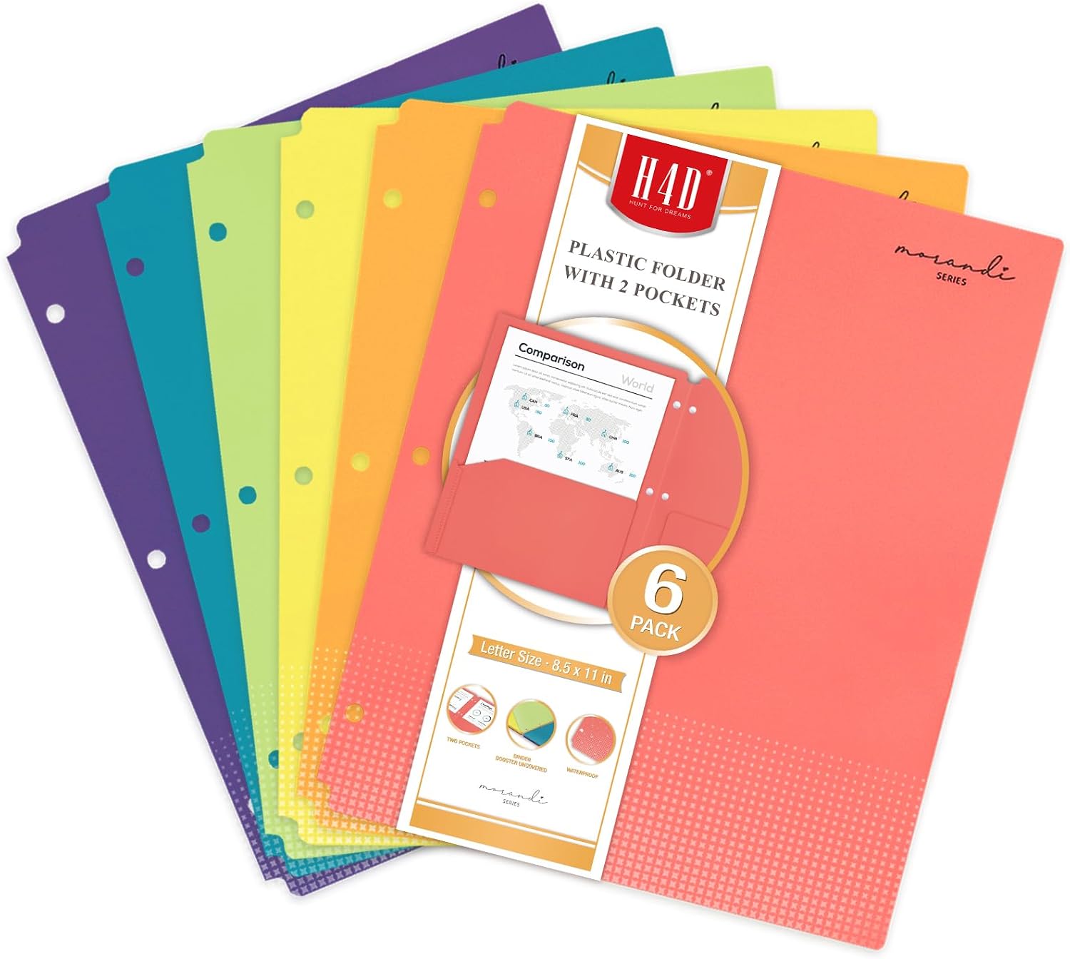 H4D 3-Hole Plastic Folders, 2 Pockets, Letter Size, Primary Colors, 6 Pack