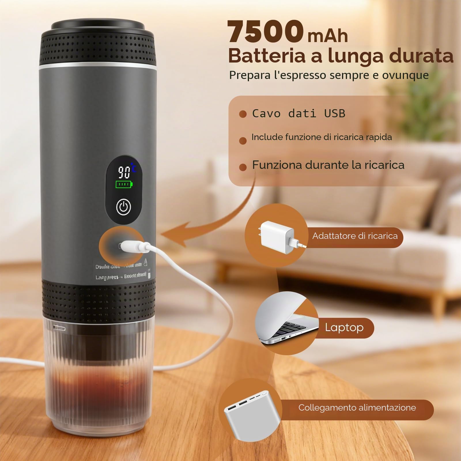 Macchina da caffè portatile 3 in 1 con batteria ricaricabile e auto-riscaldamento USB-C, compatibile con capsule e caffè macinato, mini espresso portatile per campeggio, viaggio, auto, grigio