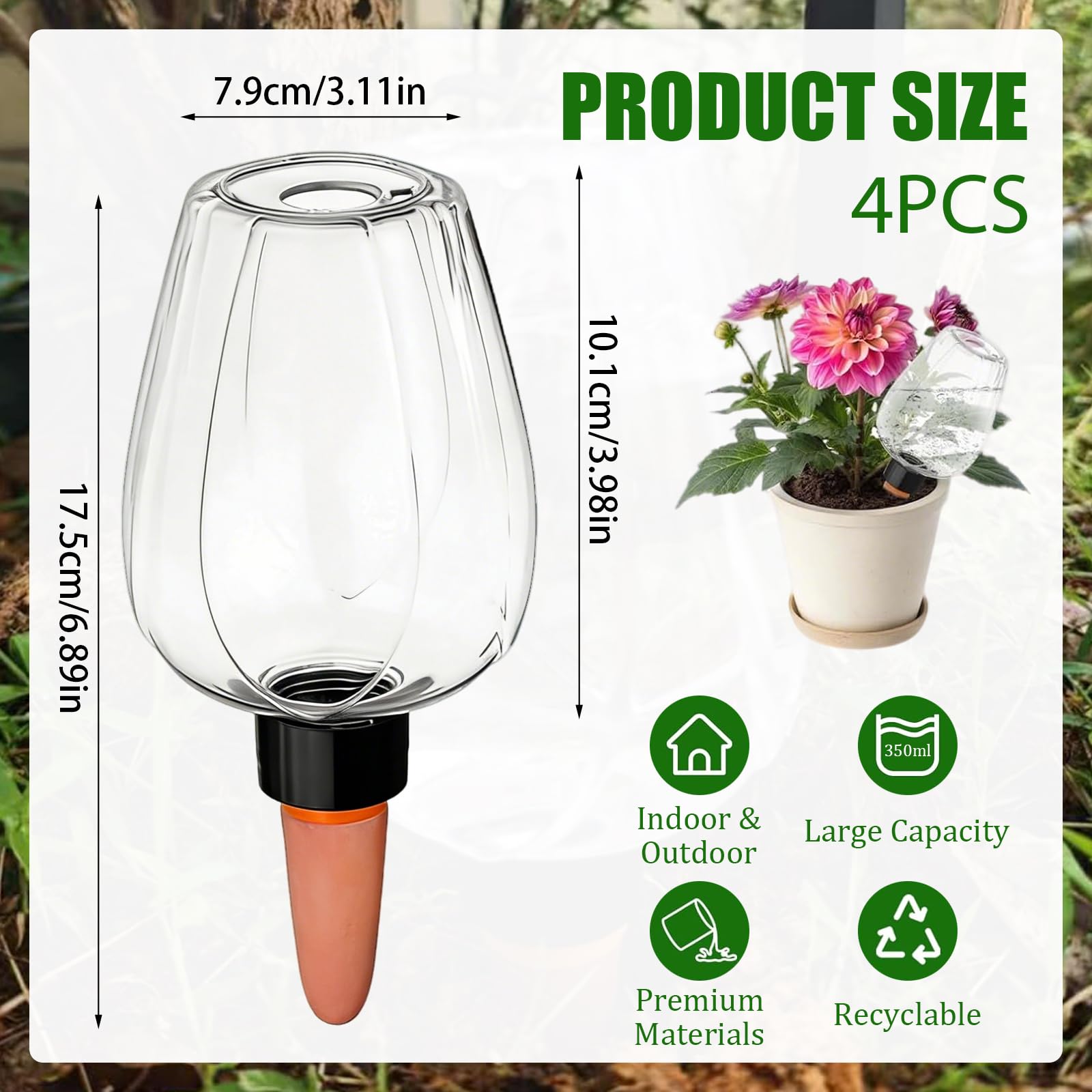 4 Pièces Globes D'arrosage Automatique 350ML, Distributeur Eau Plante Transparent avec Pointes en Terre Cuite Arrosage Plante Interieur pour Jardins et Balcons Parfaits pour Les Vacances