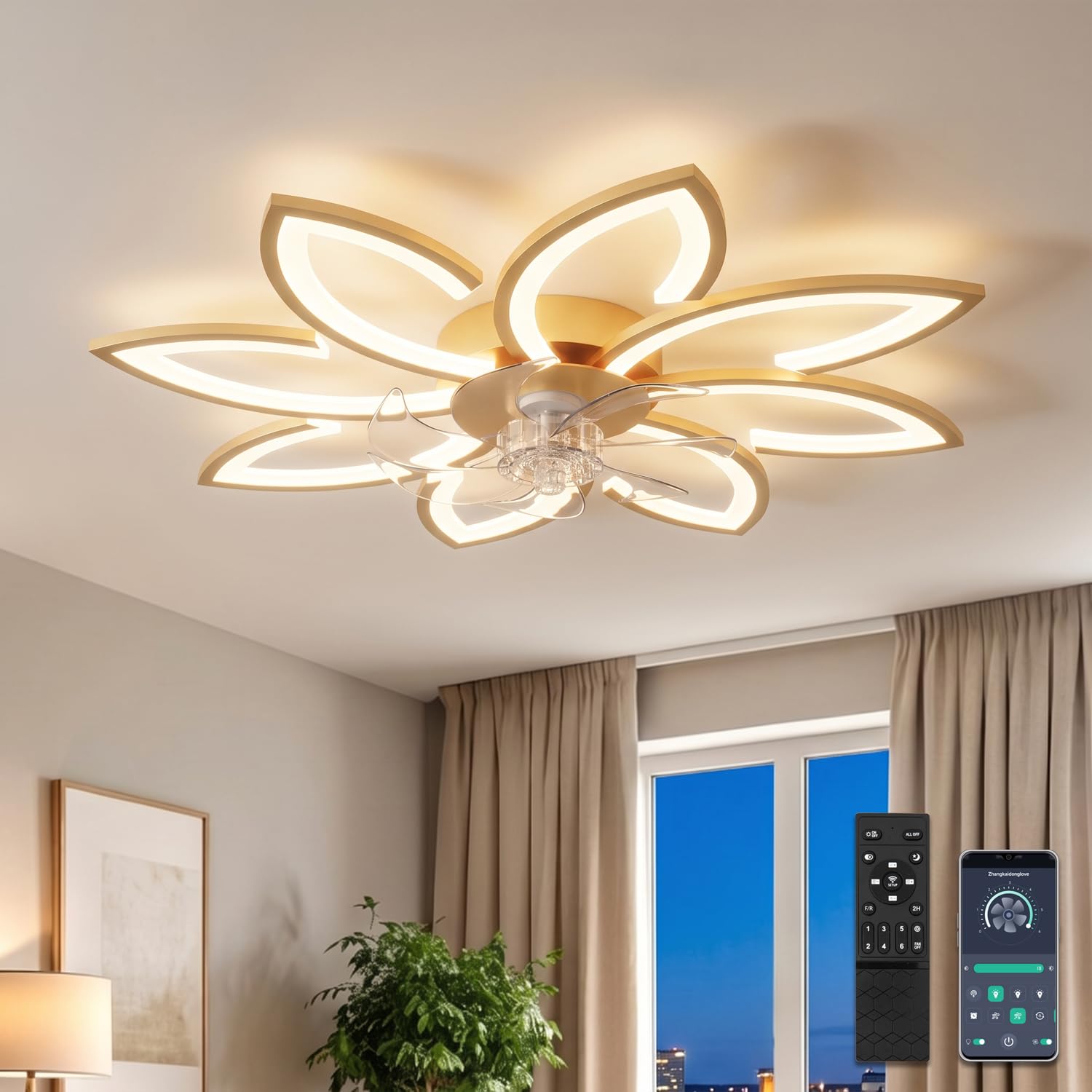 90cm Ventilador de Techo con Luz y Mando a Distancia Led Lampara Ventilador Techo Silencioso Regulable Motor DC Reversible 6 Velocidades Ceiling Fan with Light para Dormitorio Cocina,Dorado