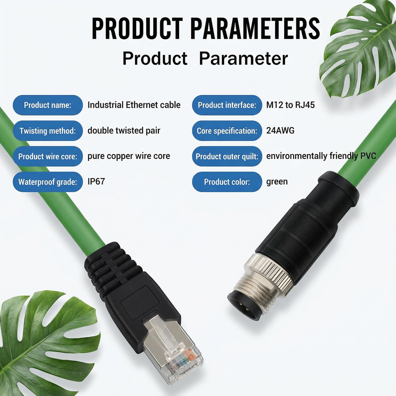 Câble Ethernet Industriel Cat5e Haute flexibilité en PVC, connecteur mâle M12 D-Code 4 Broches vers fiche RJ45, pour Applications d'automatisation (8M, Green)