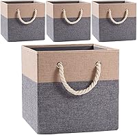 Vista 12 de PRANDOM Contenedores plegables grandes de almacenamiento de 11 x 11 pulgadas [paquete de 2] cestas de almacenamiento de tela de lino, cubos con asas