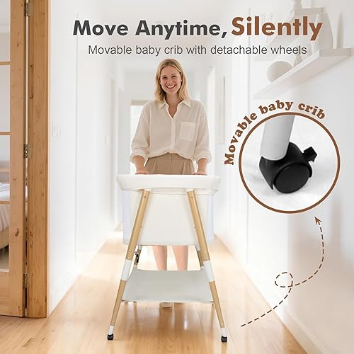 Miniatura 4 de Cuna de bebé, cuna portátil 3 en 1 para recién nacido, cuna de bebé portátil con 4 ruedas desmontables y altura ajustable, malla transpirable y