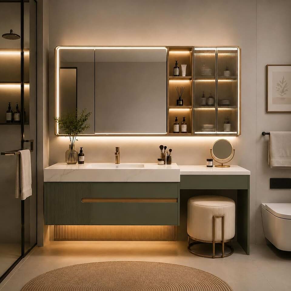 114 IN Floating Bathroom Vanity with Makeup Area, Single Sink & LED Mirror