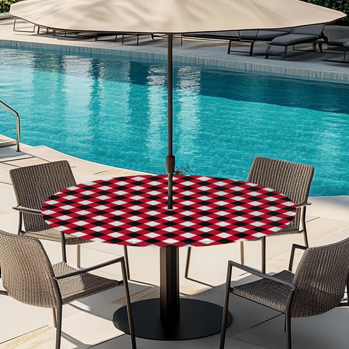 Geometry Red Black Round Outdoor Table Cloth with Umbrella Hole Geometry Abstract Outdoor Round Fitted Tablecloth with Elastic Edge Waterproof Circle Table Cover for Patio Garden Picnic (45-56 in)