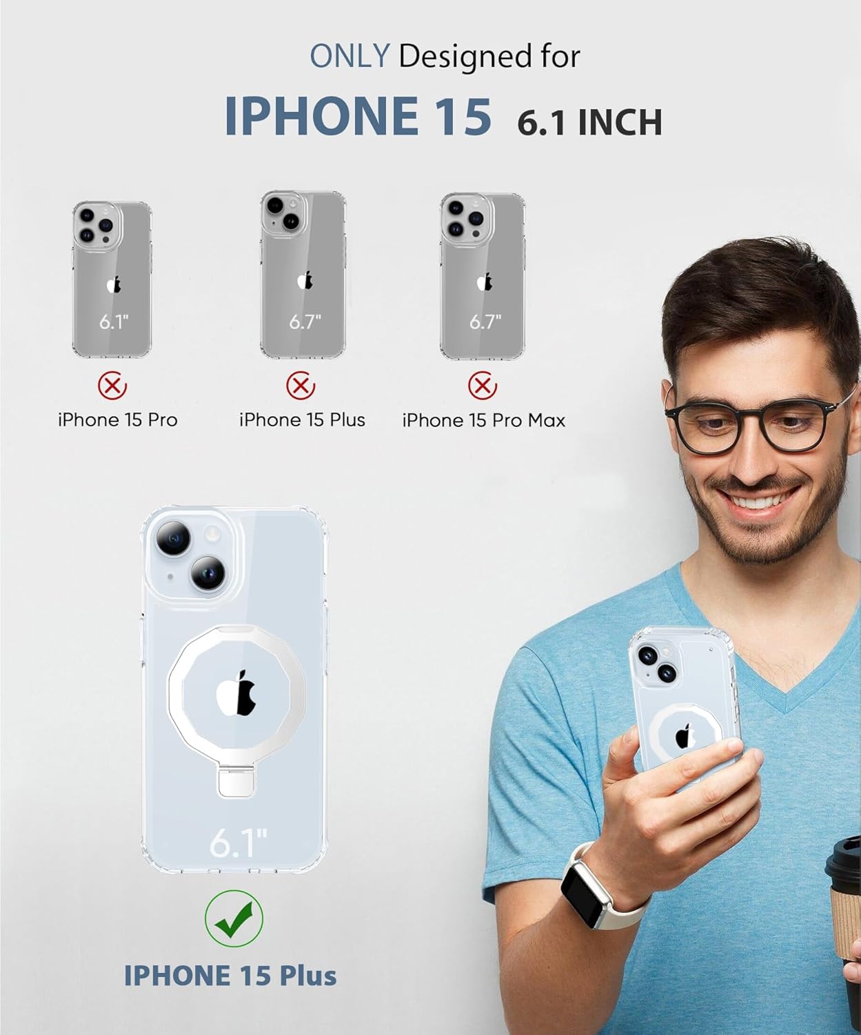 for iPhone 15 Case, with Screen Protector + Camera Lens Protector, Built-in Seamless Stand, [Compatible with MagSafe] Protective Shockproof Phone Case, Cover for iPhone 15 - Clear - Image 2