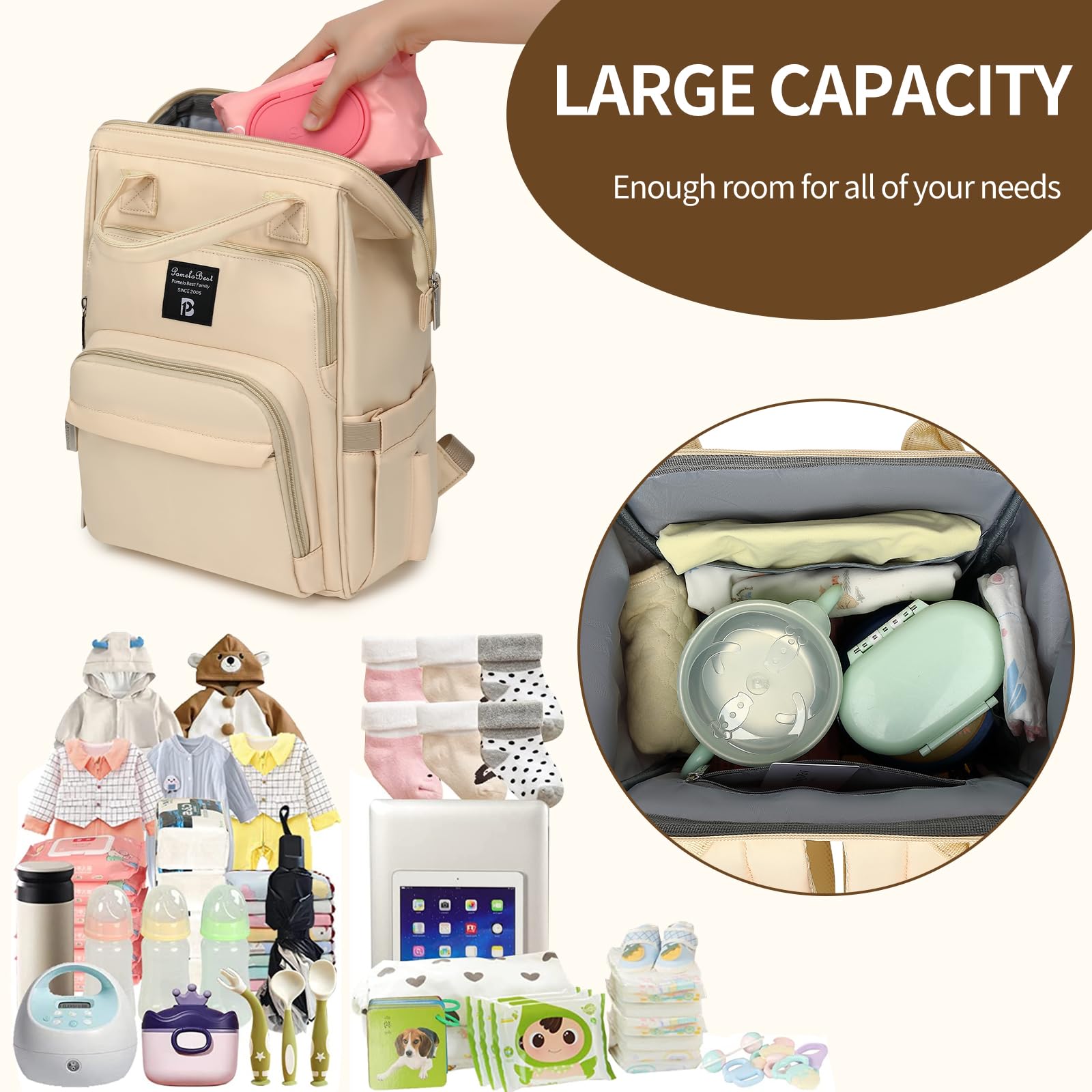 Pomelo Best Zaino Mamma Multifunzione Neonato Fasciatoio Bambino Impermeabile Borsa Stoffa Grande capacità con Materassino fasciatoio, 2 tasche isolanti bottiglia per Viaggiare
