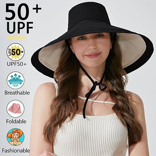 Miniatura 3 de Sombrero de sol de ala ancha de 7 pulgadas para mujer, sombrero grande plegable con protección UV, se puede llevar en ambos lados