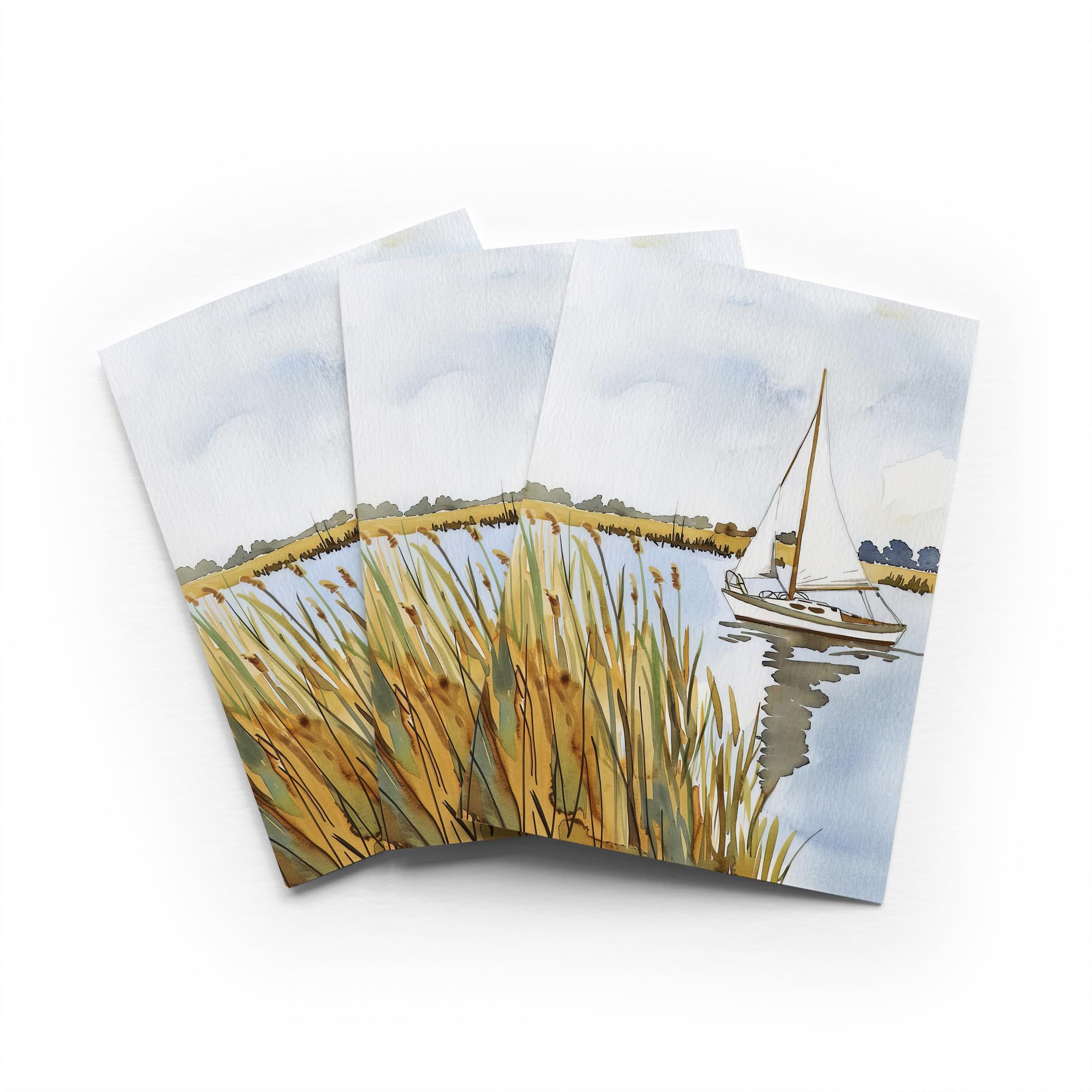 Norfolk Broads Sailboat Greeting Card Watercolour Landscape Any Occasion Set of 3 Blank Inside 5x7 Inch 13x18 cm