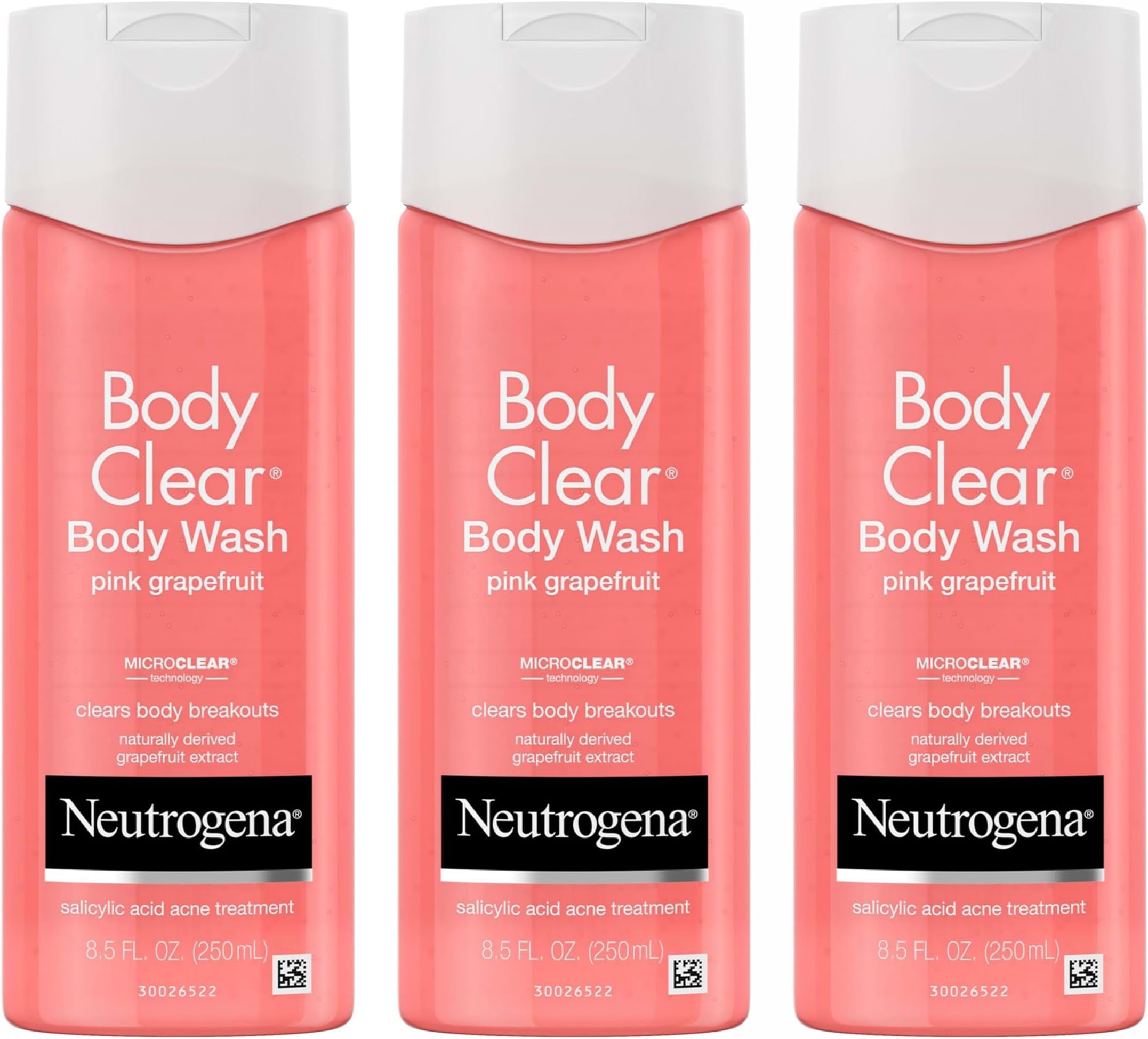 Neutrogena Body Clear Acne Treatment Body Wash with Salicylic Acid Acne Medicine, Pink Grapefruit Body Acne Cleanser to Prevent Breakouts on Back, Chest & Shoulders, 8.5 fl. oz (Pack of 3)
