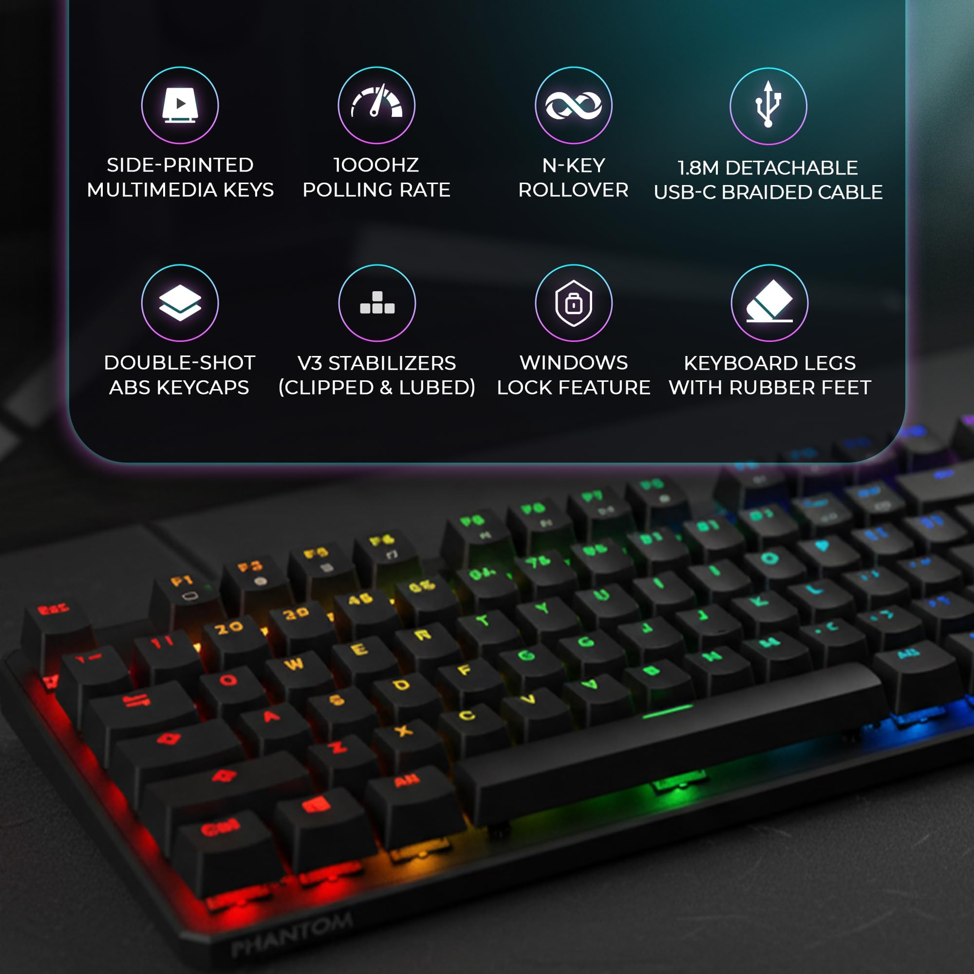 TECWARE Phantom+ 87-Key US Layout RGB Mechanical Keyboard (Black) Wraith Red Switch (Prelubed, 45g Linear) Wired, Per key Colour & Lighting control