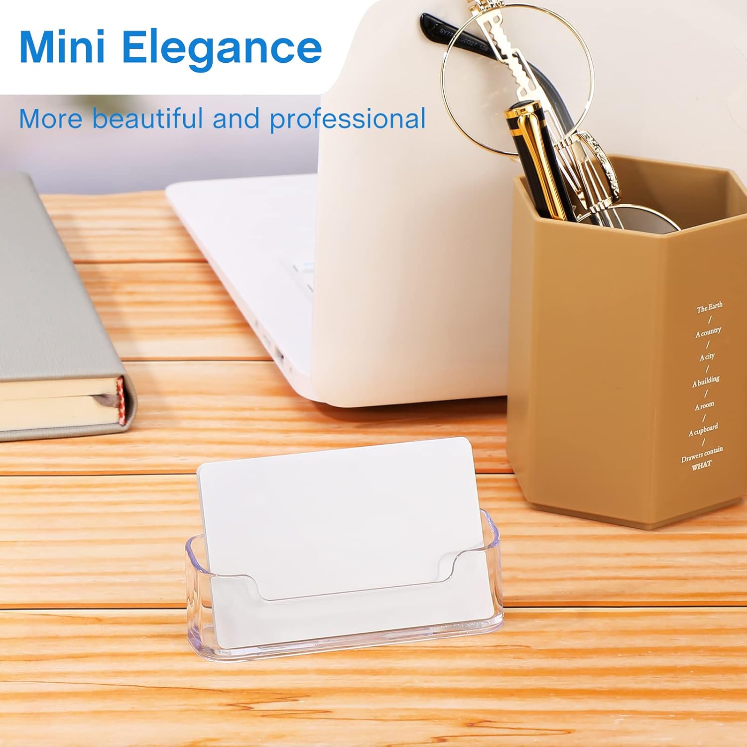 Leinuosen 50 Pack Business Card Holder for Desk Acrylic Business Card Holder Display Clear Label Stand Label Table Desktop Organizer for Home and Office