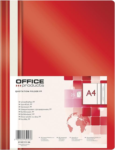 Skoroszyt OFFICE PRODUCTS PP A4 Miękki 100/170mikr Czerwony/Archiwizacja Dokumentów/Typ-Miękki/Materiał-Pp/Etykieta-Pasek Brzegowy/Ilość Kartek-200 / Kolor-Czerwony/Grubość (mm)-100/170µm