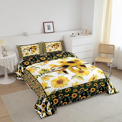 Miniatura 2 de Manfei Lindo juego de edredón de perezoso tamaño Queen, juego de edredón de flores amarillas con 2 fundas de almohada, juego de ropa de cama con