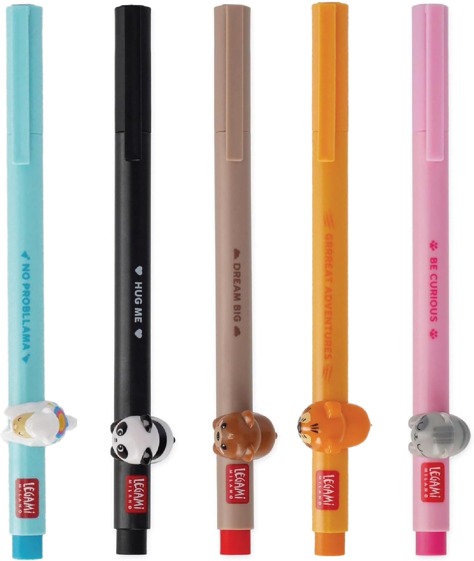 enoleBundle - Set of 5 Gel Pens with Decorative Animal, Avoid Rolling, Removable and Recombinable Animal, 0.5mm Tip