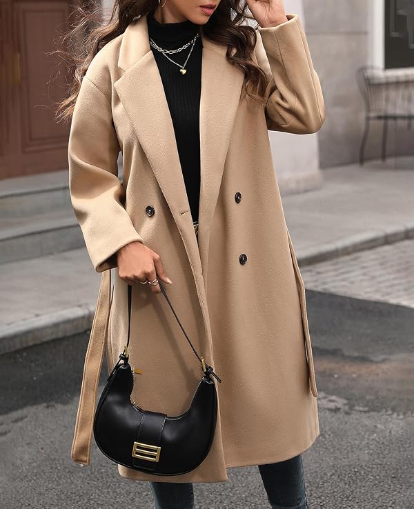 HOTIAN Women's Winter Wool Blend Coat Double Breasted Casual Notch Lapel Long Trench Overcoat Peacoat(Khaki-S) by HOTIAN - Image 6