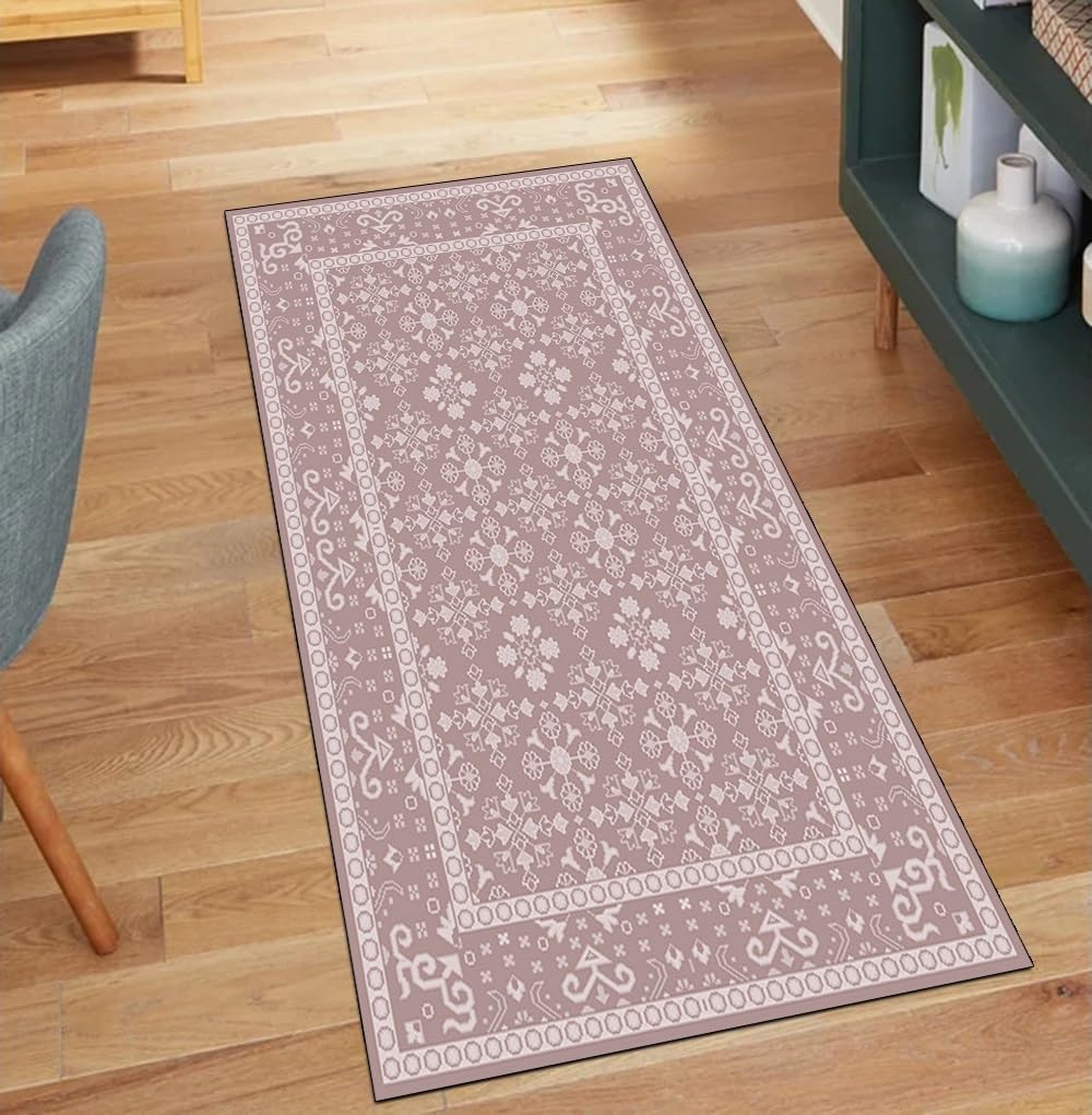 Alfombra de cocina lavable a máquina con reverso antideslizante y diseño rosa largo